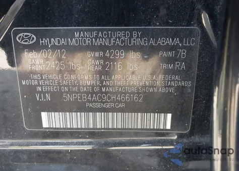 2012 Hyundai Sonata Gls from USA, damaged, VIN 5NPEB4AC9CH466162